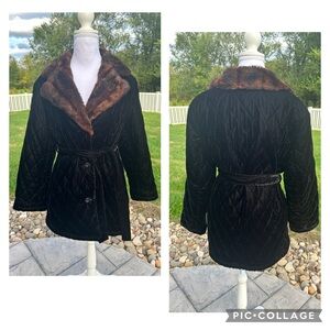 Vintage 90s Black Velvet Quilted Faux Fur Penny Lane Whimsigoth Jacket Coat L